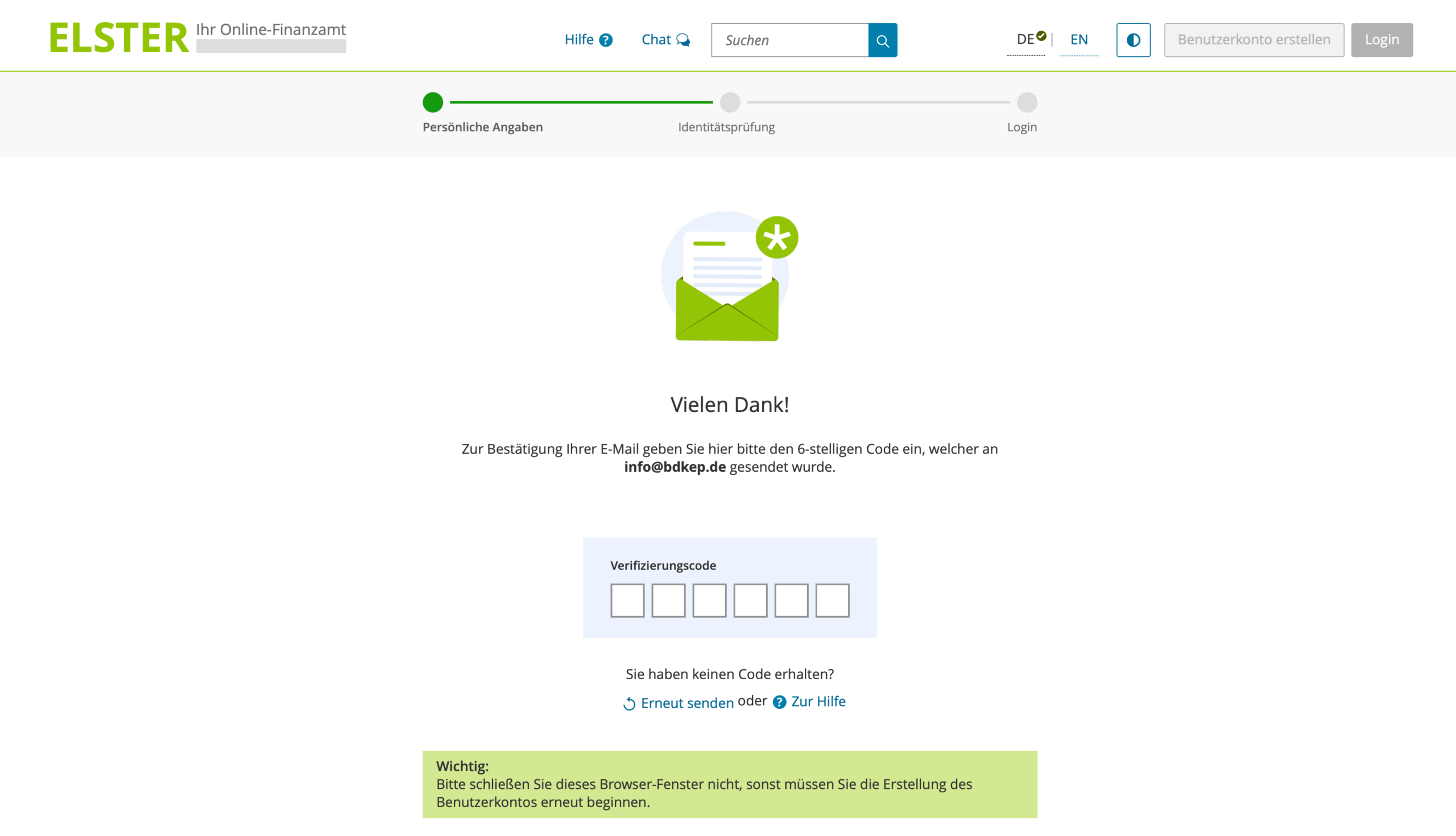 ELSTER Verifizierungscode eingeben