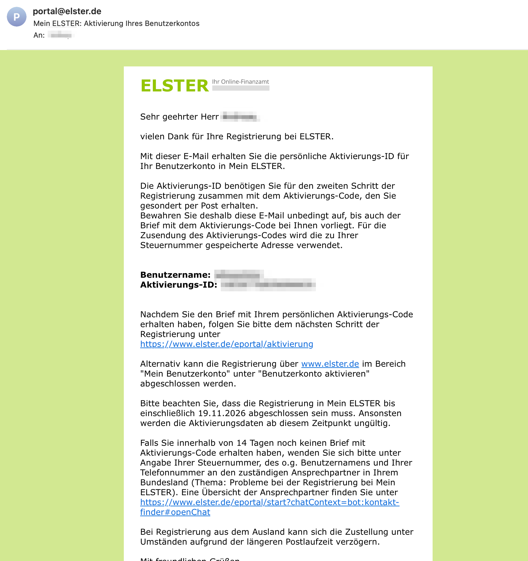 ELSTER Aktivierungs-E-Mail mit Benutzername und Aktivierungs-ID