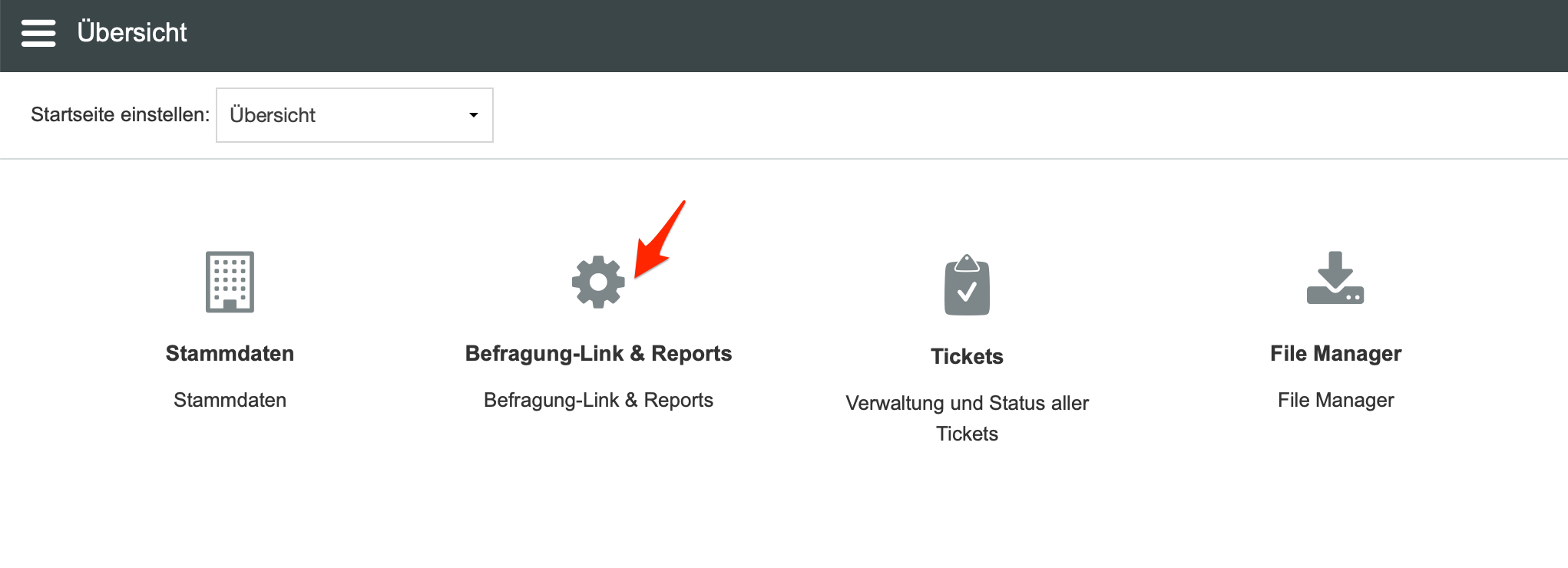 Startseite mit Befragung-Link und Reports Icon