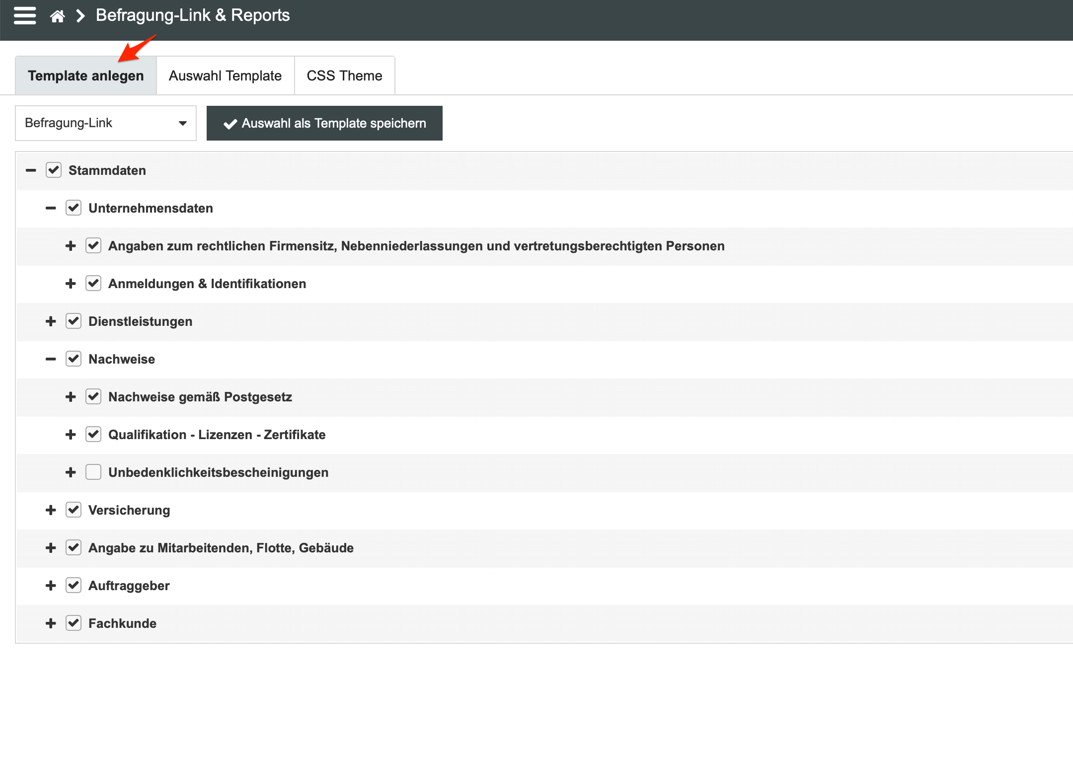 Tab Template anlegen mit Feldauswahl