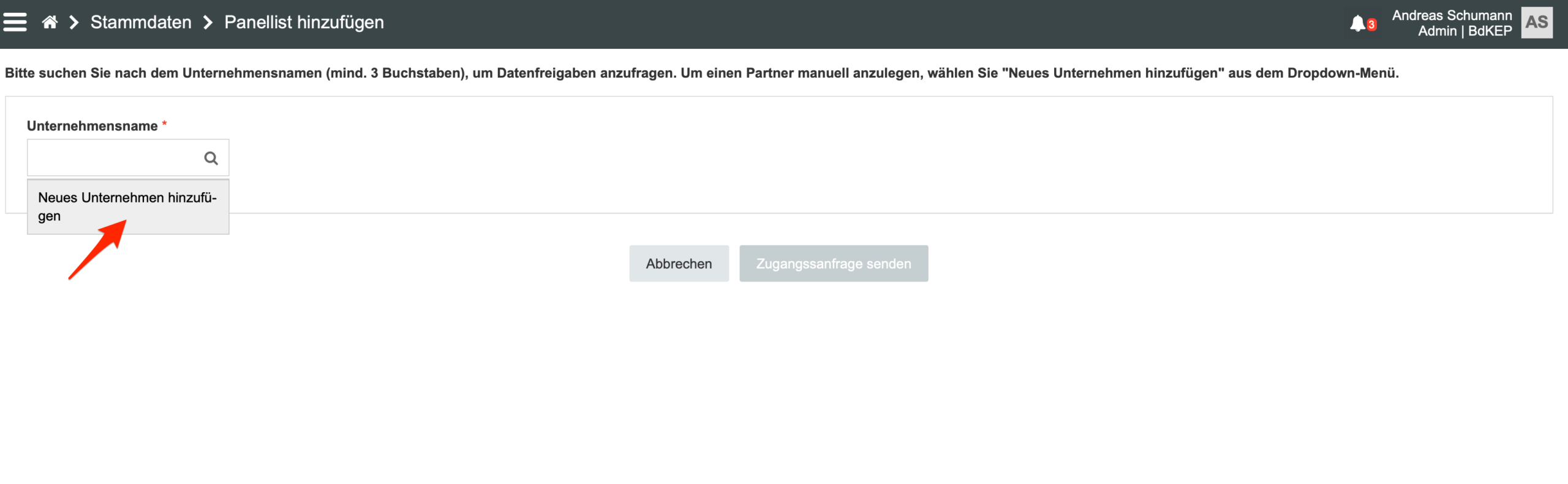 Dropdown mit Neues Unternehmen hinzuf&uuml;gen