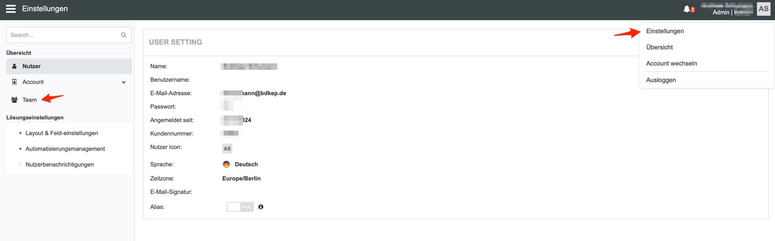 Dropdown-Menü mit Einstellungen oben rechts