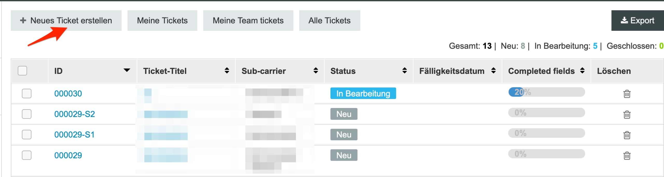 Ticket-Liste mit Neues Ticket erstellen Button
