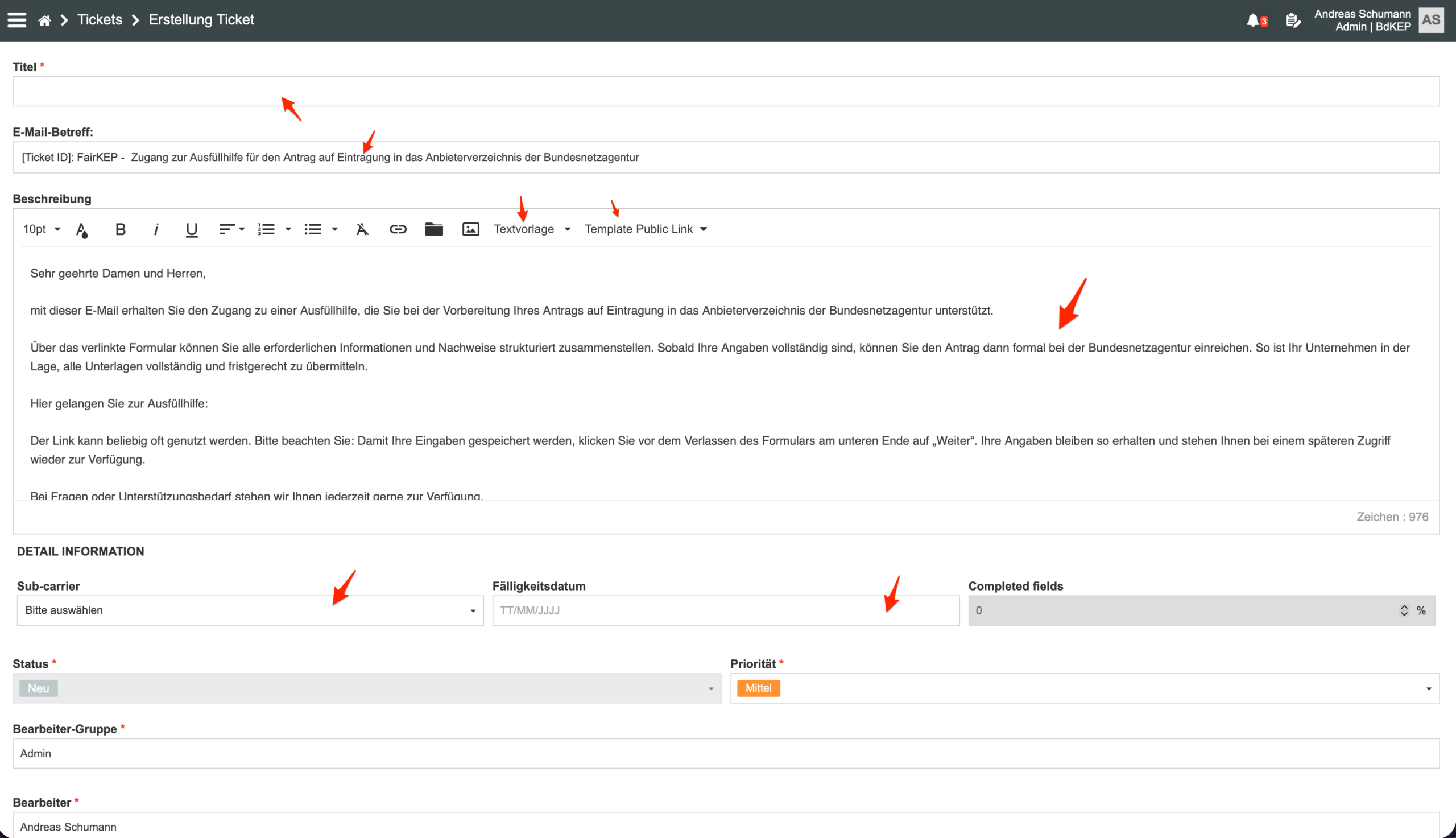 Ticket-Formular mit Titel, Textvorlage und Befragungslink