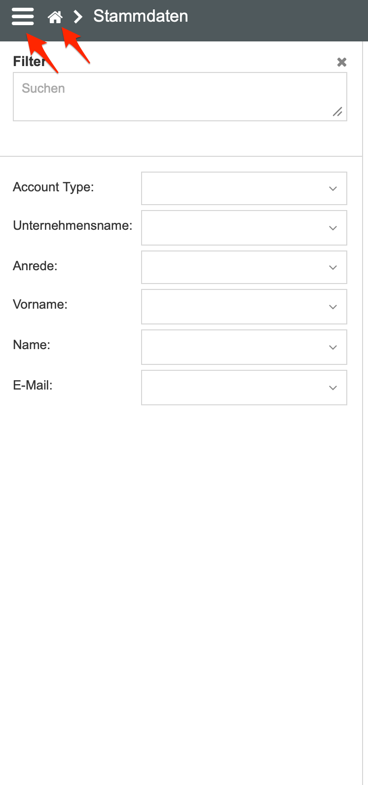Stammdaten Filteransicht mit Suchfeld und Dropdown-Feldern